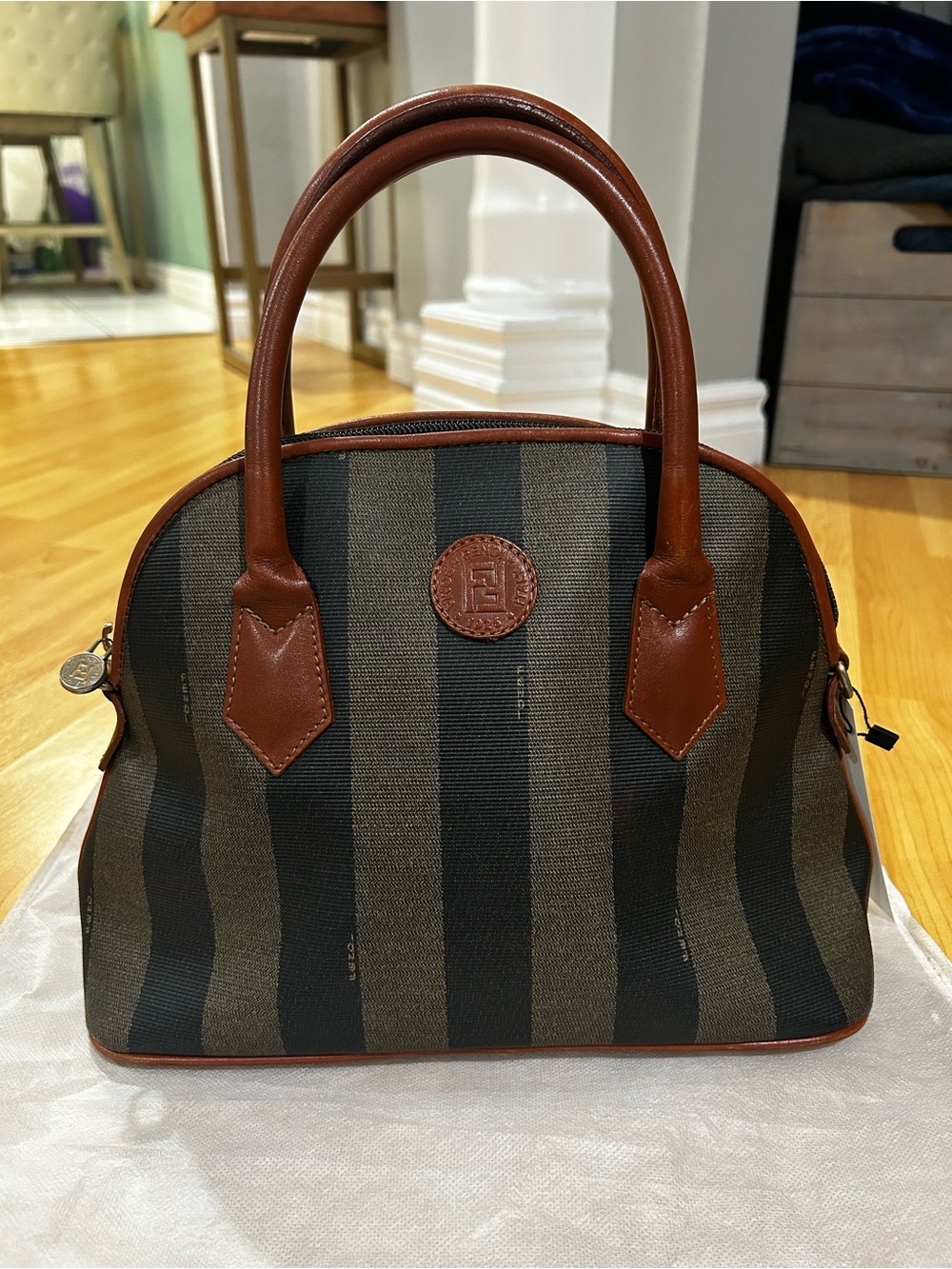 Fendi Penquin Striped Canvas Satchel with Cognac Leather Trim